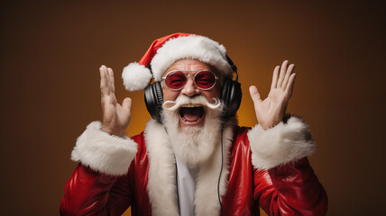 Fototapeta na wymiar Jolly Santa Claus Rocking Out in Headphones