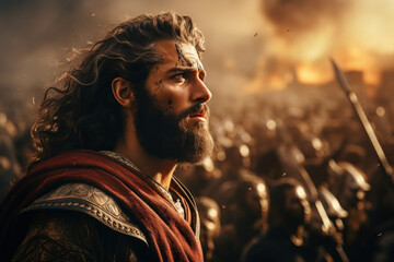 An illustration portrays biblical King David on the battlefield, reflecting Christian themes and concepts from the Old Testament. Generative Ai. - obrazy, fototapety, plakaty