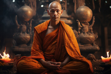 A contemplative Buddhist monk, in saffron robes, meditates in a tranquil temple, radiating serenity and spiritual depth. Generative Ai.