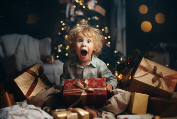 Cute smiling surprised child with a christmas gifts on decorated festive background, ai generated image