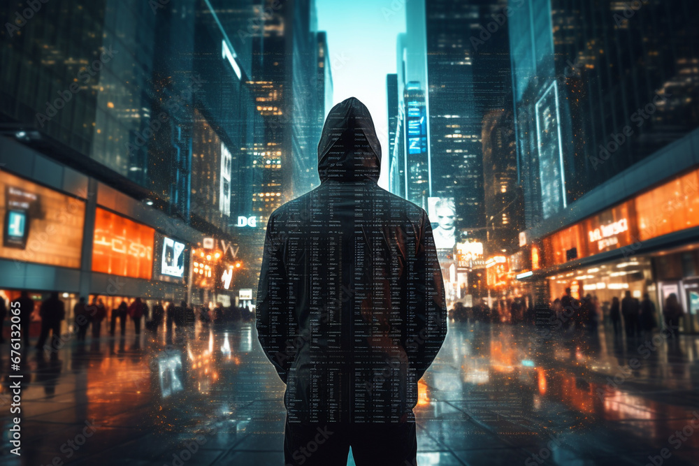 Aufkleber double exposure image of an anonymous hacker in a hoodie in the night in the city of data. high qual
