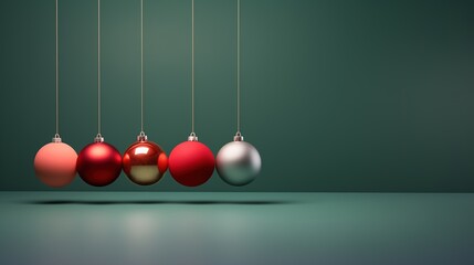 Christmas baubles hanging on a string with a minimal green background, Xmas ornaments and decorations, holiday advertisement - season's greetings concept.