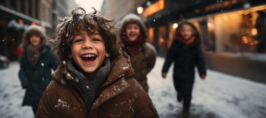 The joy of outdoor winter play: Children having fun on a holiday christmas vacation