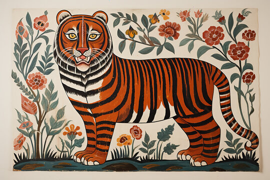 Traditional Madhubani style painting of a tiger on a textured background.