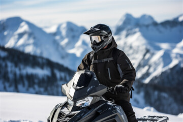 Snowmobile riding with fun in deep snow. Extreme sport adventure, outdoor activity during winter holiday
