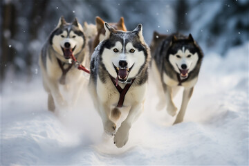 Siberian Husky dogs running in the snowy forest