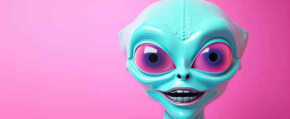 Portrait of funny 3d realistic humanoid alien face isolated on flat color background with copy space for text, banner. 