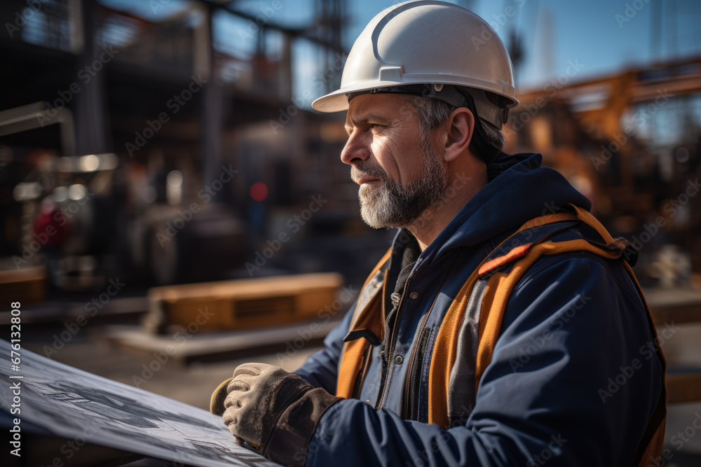 Poster an organized project manager oversees a complex construction site, emphasizing the critical role of 