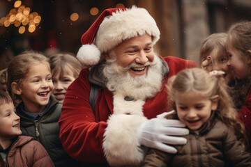 A cheerful Santa Claus surrounded by eager children, listening to their Christmas wishes and spreading joy during the holiday season. Generative Ai.