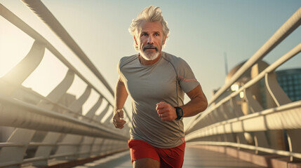 Old man jogging in the morning, health care, hobbies retirement.