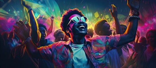 The African man stood out in the sea of people at the retro themed party dancing to the pulsating music and radiating a happy energy as he moved to the rhythm of the black wave with a portr