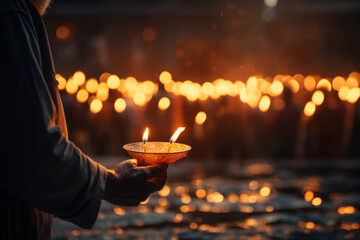 A person lighting a candle in memory of loved ones lost to cancer, highlighting the importance of remembrance on this day. Generative Ai. - obrazy, fototapety, plakaty