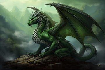 A green dragon is sitting with his wings open, symbol of the year 2024 according to the Chinese calendar - obrazy, fototapety, plakaty