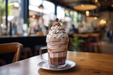 Delicious and creamy hot chocolate milkshake with whipped cream topping served in a glass