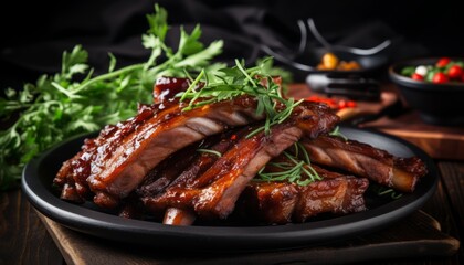 Delicious close up of tasty roasted sliced barbecue pork ribs with juicy slices of meat