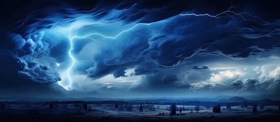 The abstract design of the isolated nature landscape with the vibrant blues and black hues creates a beautiful background showcasing the magical energy of the lightning and electricity flowi