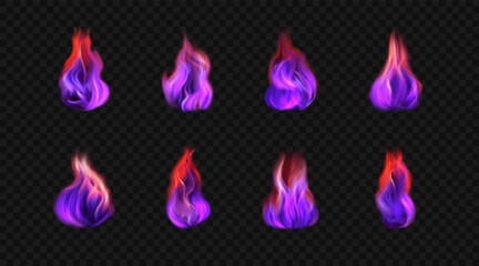 Set of 3d vector burning purple flames. Magic duotone fireballs isolated on transparent background