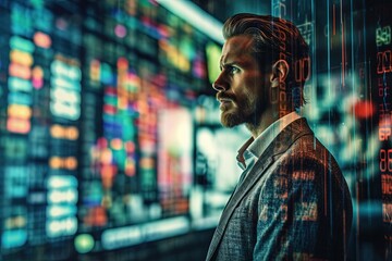 Office man, Trader in a suit against the background of the stock market and charts. Online trading and technology concept