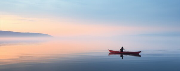 Fototapeta na wymiar Person canoeing on a foggy lake at dawn