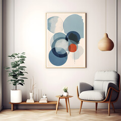 Blue armchair near wooden long coffee table against of white wall with big art canvas poster frame. Mid-century interior design of modern living room.