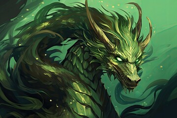 A picture of an emerald green dragon. He is fierce. - obrazy, fototapety, plakaty