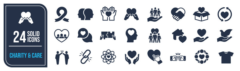 Charity and care solid icons collection. Containing donation, friendship, volunteer, foundation etc icons. For website marketing design, logo, app, template, ui, etc.