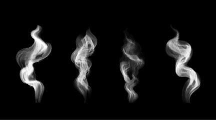 Realistic white hot food and drink smoke. Swirl vapor and flow haze on black background