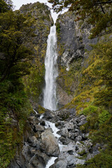Close-up view of Devils Punchbowl Waterfall at Arthur's Pass, New Zealand