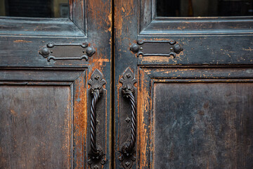 Old brown wooden entrance door