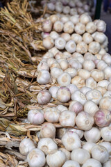 Fresh garlic on display at a farmer's market