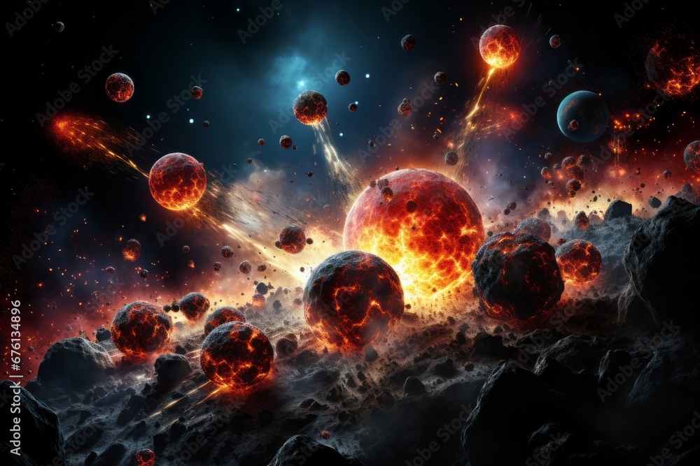 Poster captivating image of mesmerizing starry cosmos with distant glowing planets and abstract explosion