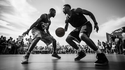 Naklejka premium Basketball player in action, dribbling ball on court and showing skills. World basketball day