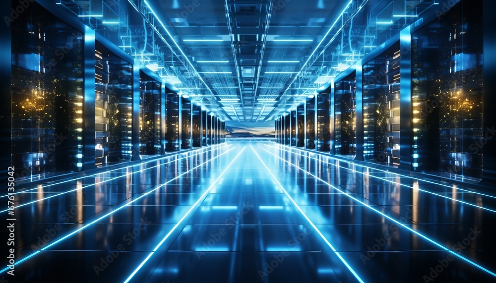 Poster visually captivating modern data center with state of the art server racks emitting a soft blue glow