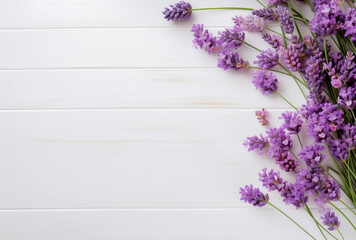 A bouquet of lavender flowers on a white wooden table. The natural light, soft glow on the flowers. For art texture, presentation design or web design and web background. Generative AI.