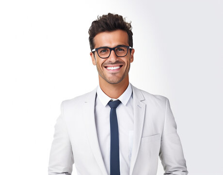 Happy smile businessman on a white background in the studio, white business professional. For art texture, presentation design or web design and web background. Generative AI.