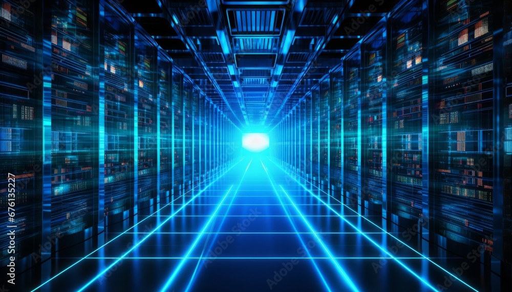 Aufkleber visually captivating modern data center with state of the art server racks emitting soft blue glow