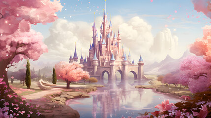 A fairytale dreamlike castle is illustrated in pastel colors, in a magical and mystical medieval kingdom,