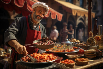 A Venetian street food vendor offering delectable local treats to Carnival attendees, showcasing the city's culinary delights. Generative Ai. - obrazy, fototapety, plakaty