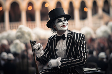 A Venetian mime in a black-and-white ensemble, entertaining the crowd with silent comedy during the Carnival. Generative Ai.