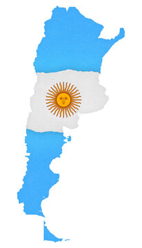 Vivid Argentina map created from cardboard, showcasing flag colors, on a white backdrop. Exceptional texture and detail for versatile projects. High quality. Recycle. Symbol. Latin America. Cardboard.