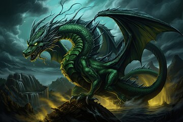 A picture of an emerald green dragon, the yellow fire in the background. - obrazy, fototapety, plakaty