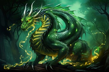 A beautiful green dragon, symbol of the year 2024 with fire lights around.
