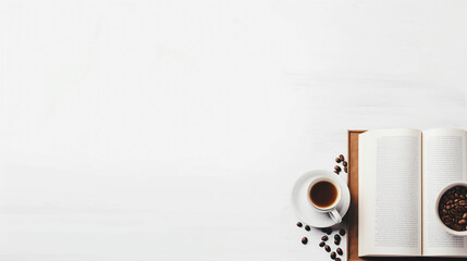 Hot coffee on white background, reading idea Relaxing view at leisure. For art texture, presentation design or web design and web background. Generative ai