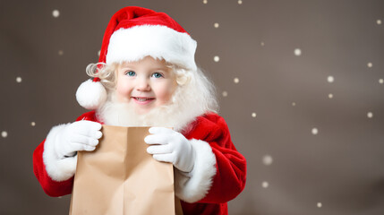 Cute little Santa Claus holding a gift bag. Merry christmas and Happy new year event. Generative ai
