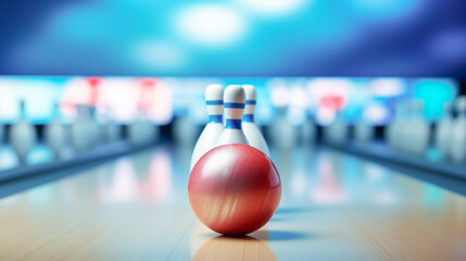 bowling ball and pins. For sport design or web background. Generative ai