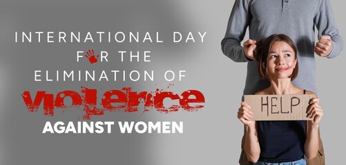Banner for International day for the elimination of violence against women with man and scared...