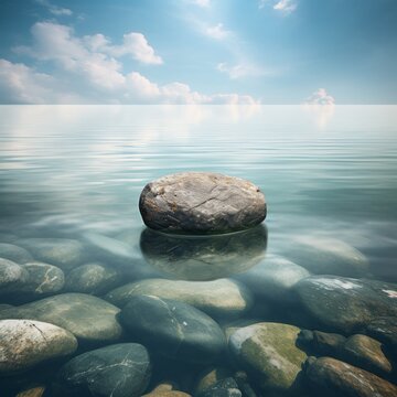 A tiny stone hovers above the water's surface.