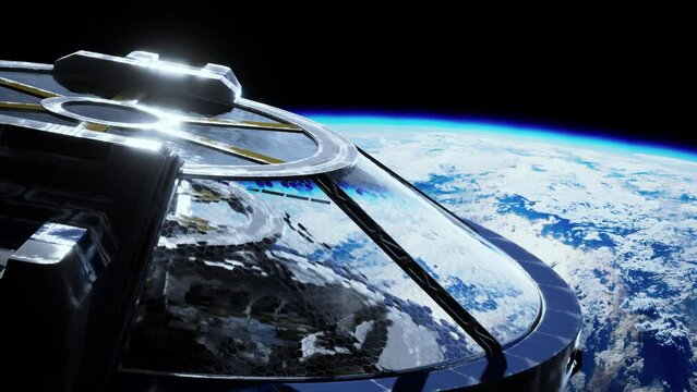 space-age laboratory constructed from metal and glass, resembling a spaceship, spinning around the planet. elements furnished by nasa