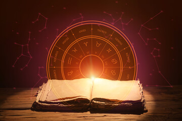 Open old astrology book on table against dark background
