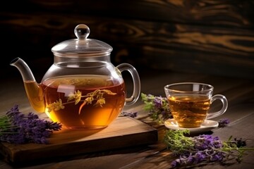 Various herbal dry tea, teapot and cup on wooden table. Top view with copy space.
